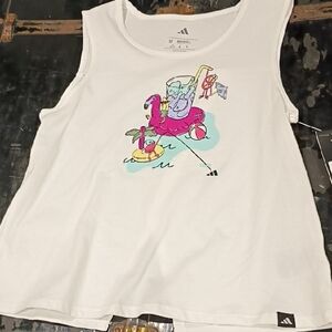 Adidas Kids White Tank Top with Fun Flamingo Graphic Girls Size Medium Nwt 10-12